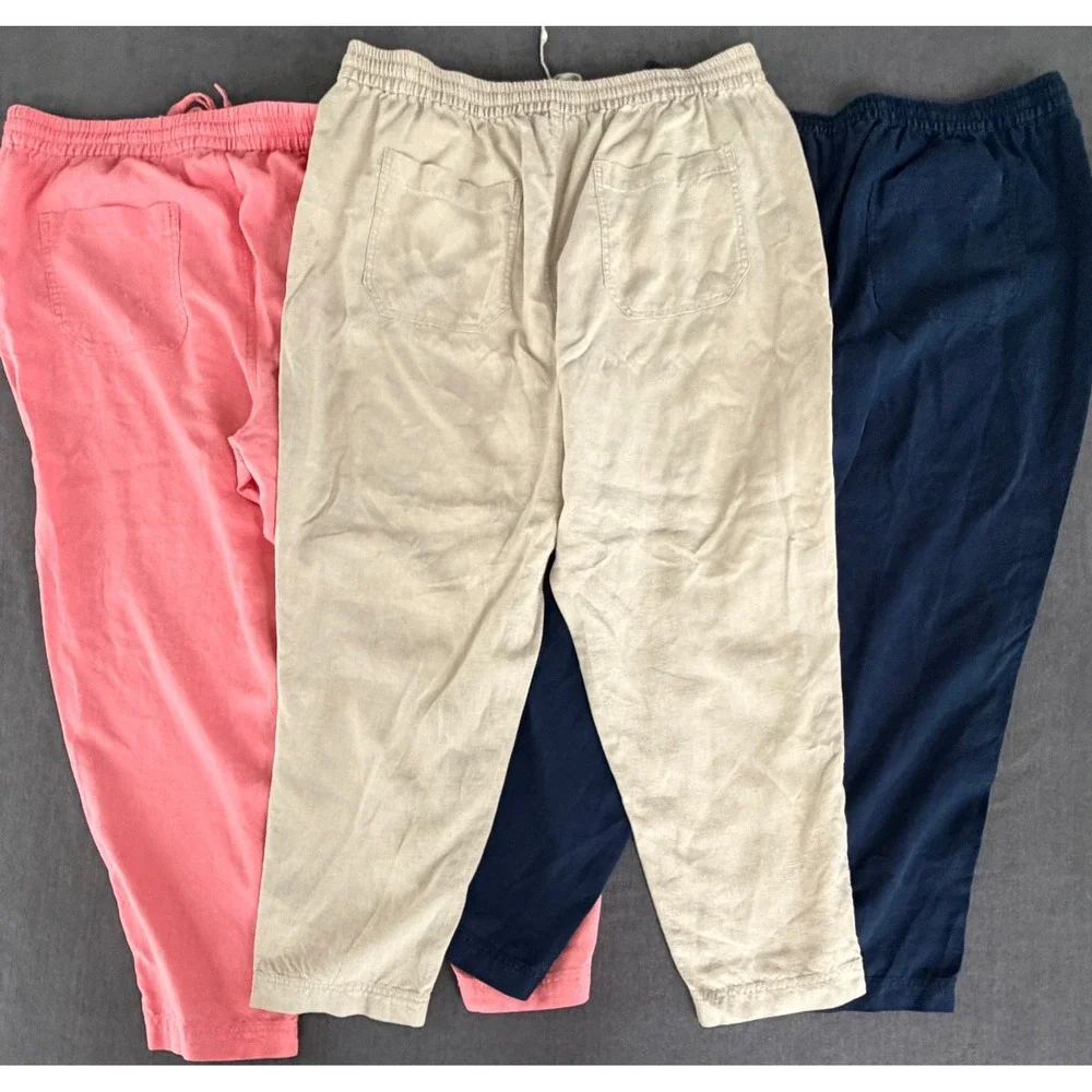 J Crew Linen Blend Seaside Pants Bundle 3 Pairs XL‎ Drawstring Pink Navy Beige